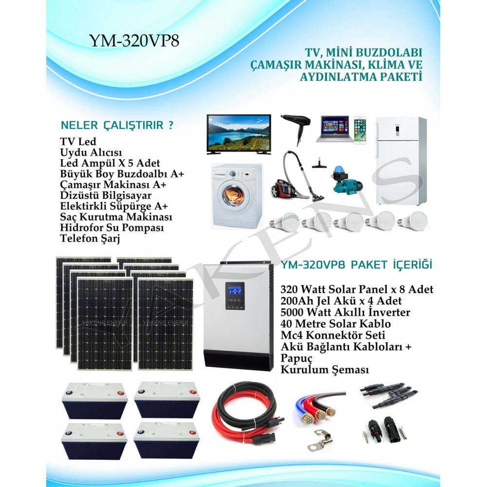 Çamaşır Makinası + Büyük Boy Buzdolabı + Tv + Süpürge + Aydınlatma Monokristal Hazır Solar Paket YM-320VP8  Paket 3